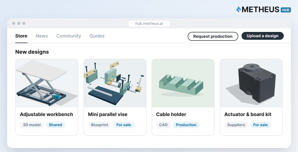 The METHEUS HUB store, where people share, sell, and request production of designs and products