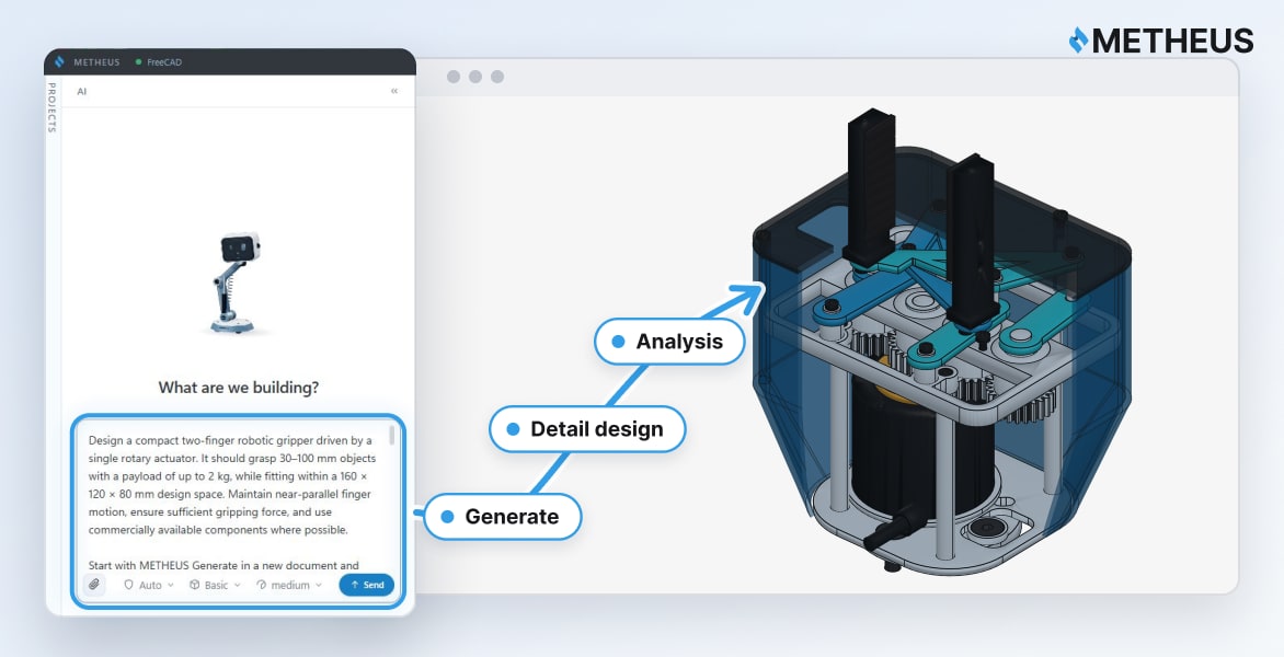 Type a design request into METHEUS and a 3D gripper model appears in CAD