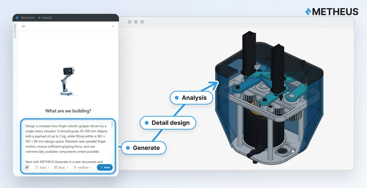 Type a design request into METHEUS and a 3D gripper model appears in CAD